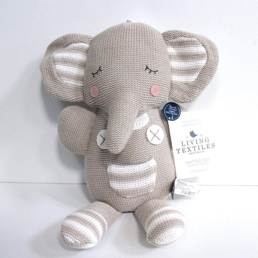 Living Textiles Grey Theodore Elephant Knitted Toy Rattle Stuffed Animal Rattle